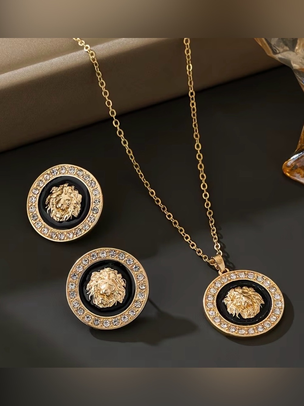 Lion Medallion Necklace and Earring Set